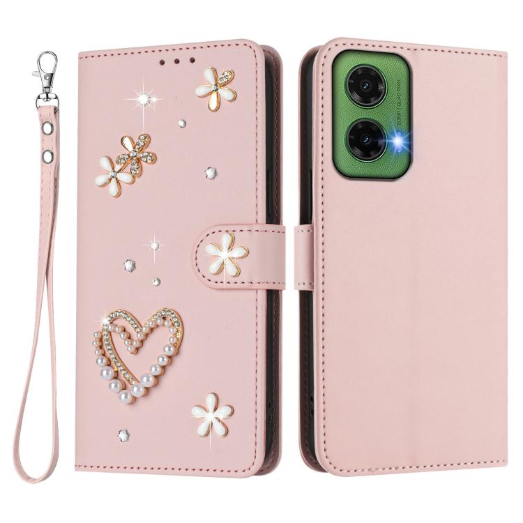 For Motorola Moto G35 ZS01 Double-Layer Heart Floral Vegan Leather Phone Case with Wrist Strap