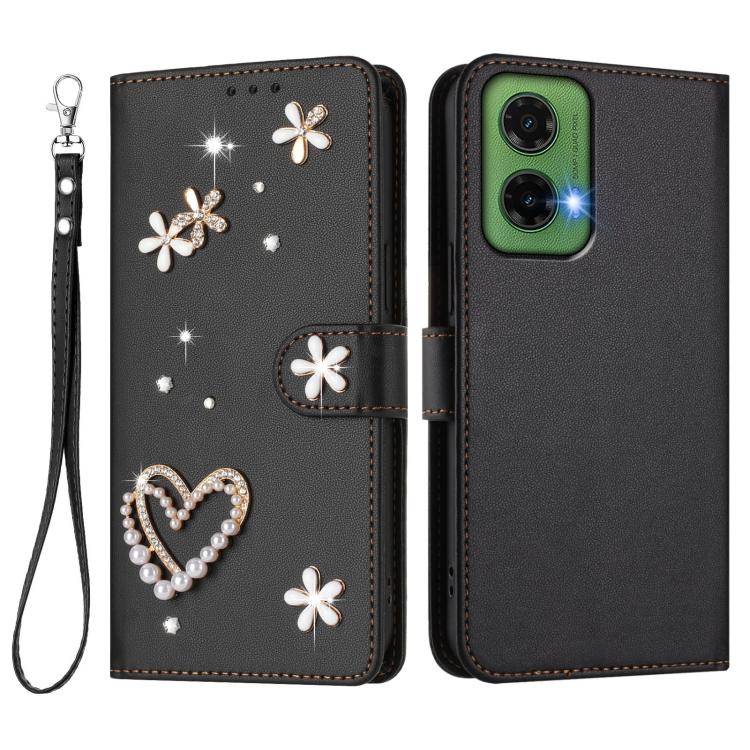 For Motorola Moto G35 ZS01 Double-Layer Heart Floral Vegan Leather Phone Case with Wrist Strap
