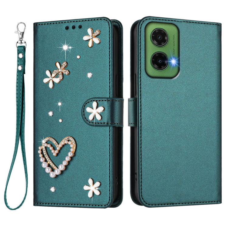 For Motorola Moto G35 ZS01 Double-Layer Heart Floral Vegan Leather Phone Case with Wrist Strap