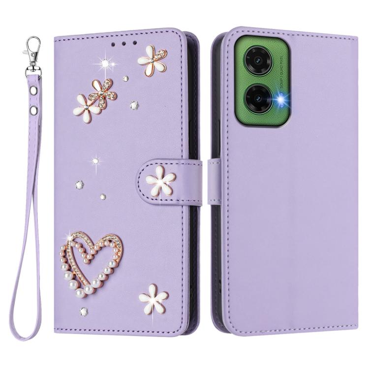 For Motorola Moto G35 ZS01 Double-Layer Heart Floral Vegan Leather Phone Case with Wrist Strap