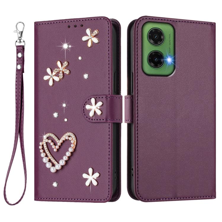 For Motorola Moto G35 ZS01 Double-Layer Heart Floral Vegan Leather Phone Case with Wrist Strap