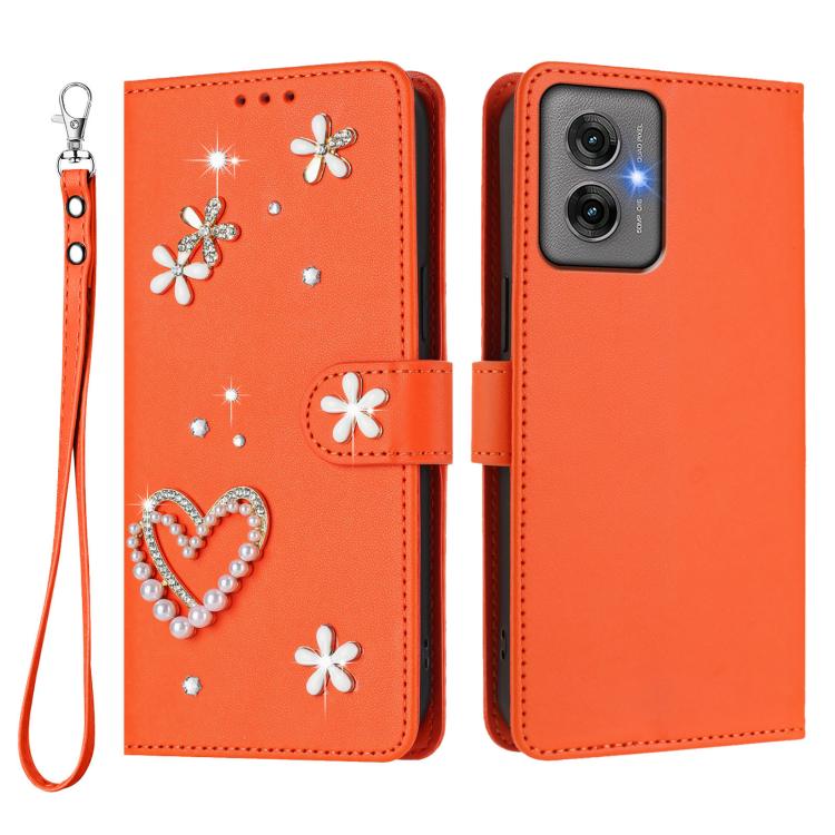 For Motorola Moto G55 ZS01 Double-Layer Heart Floral Vegan Leather Phone Case with Wrist Strap