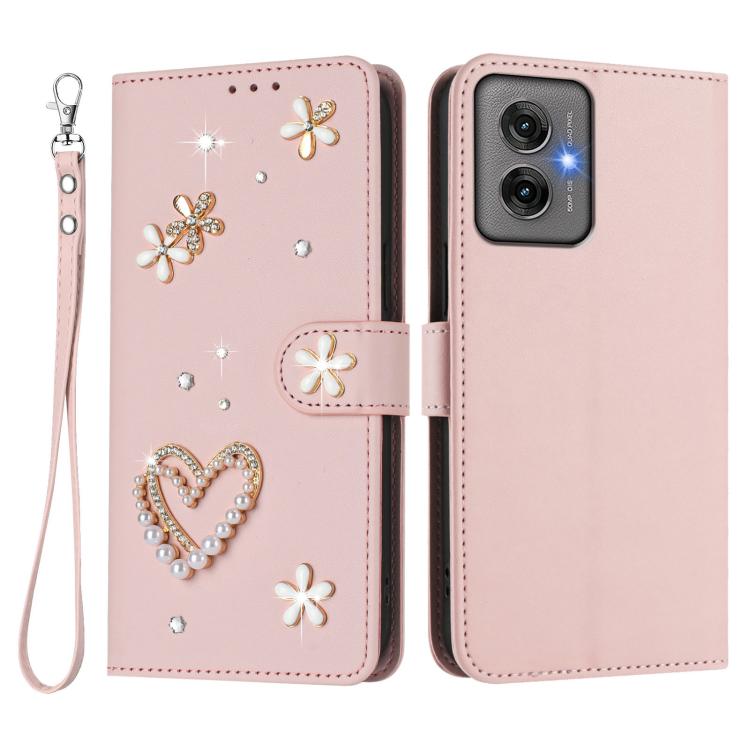 For Motorola Moto G55 ZS01 Double-Layer Heart Floral Vegan Leather Phone Case with Wrist Strap