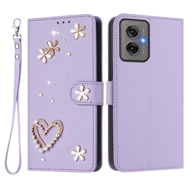 For Motorola Moto G55 ZS01 Double-Layer Heart Floral Vegan Leather Phone Case with Wrist Strap
