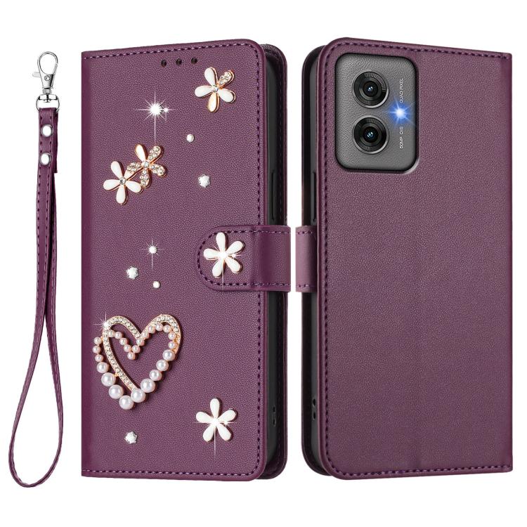 For Motorola Moto G55 ZS01 Double-Layer Heart Floral Vegan Leather Phone Case with Wrist Strap