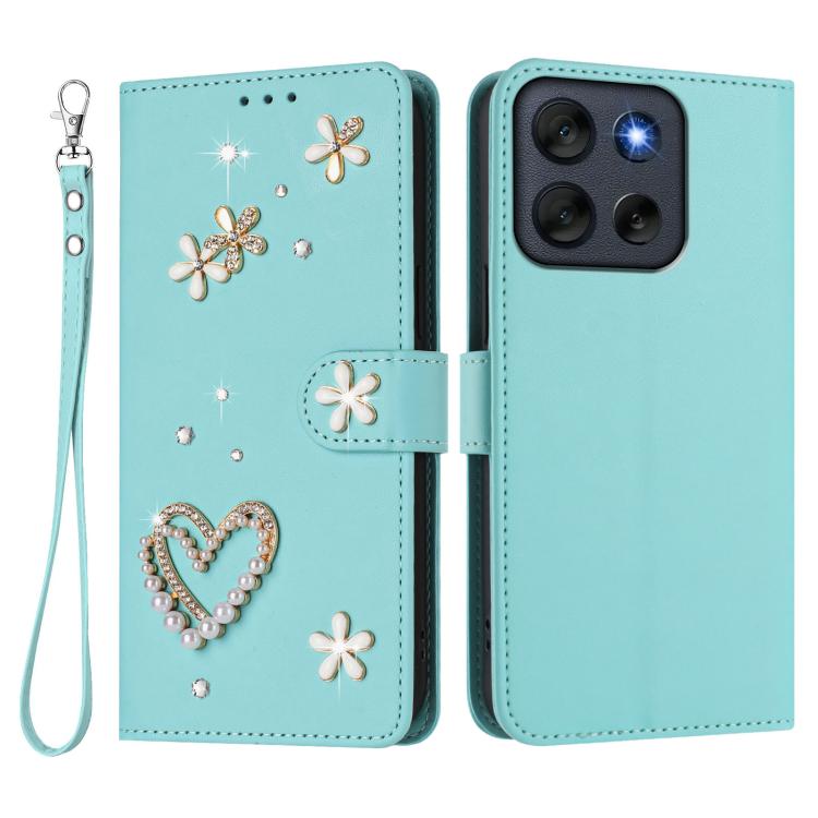 For Motorola Moto G56 5G/G66J 5G ZS01 Double-Layer Heart Floral Vegan Leather Phone Case with Wrist Strap
