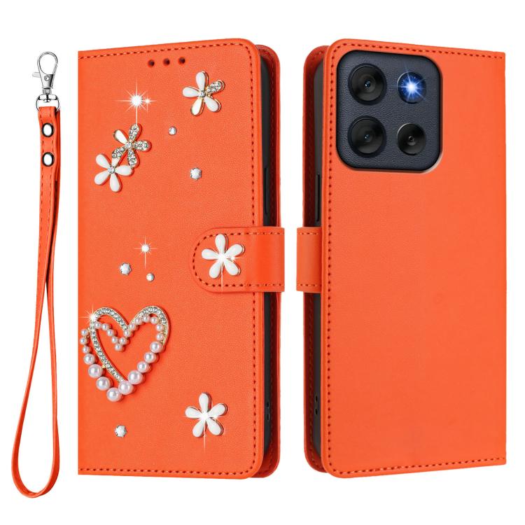 For Motorola Moto G56 5G/G66J 5G ZS01 Double-Layer Heart Floral Vegan Leather Phone Case with Wrist Strap