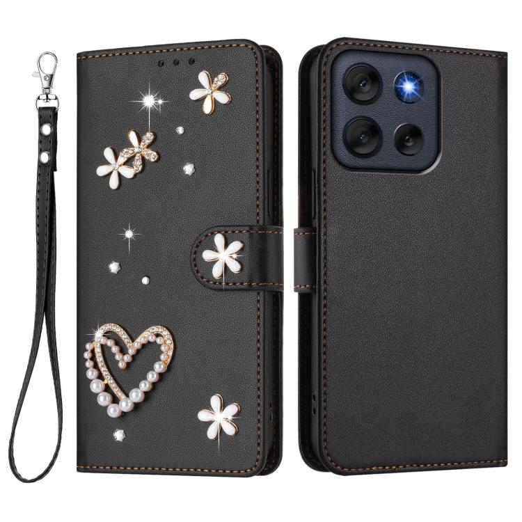 For Motorola Moto G56 5G/G66J 5G ZS01 Double-Layer Heart Floral Vegan Leather Phone Case with Wrist Strap