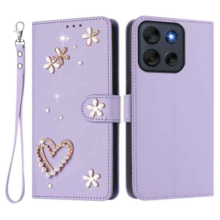 For Motorola Moto G56 5G/G66J 5G ZS01 Double-Layer Heart Floral Vegan Leather Phone Case with Wrist Strap
