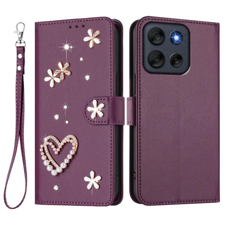For Motorola Moto G56 5G/G66J 5G ZS01 Double-Layer Heart Floral Vegan Leather Phone Case with Wrist Strap