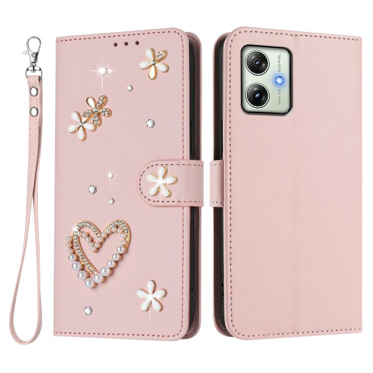 For Motorola Moto G54 Power ZS01 Double-Layer Heart Floral Vegan Leather Phone Case with Wrist Strap