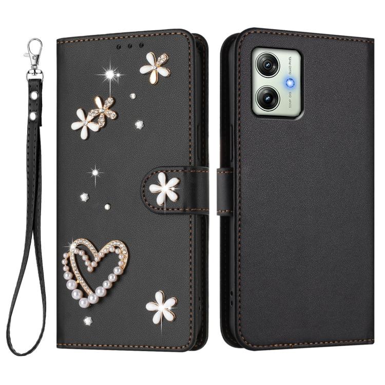 For Motorola Moto G54 Power ZS01 Double-Layer Heart Floral Vegan Leather Phone Case with Wrist Strap