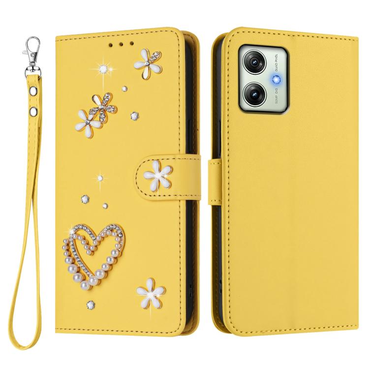 For Motorola Moto G54 Power ZS01 Double-Layer Heart Floral Vegan Leather Phone Case with Wrist Strap