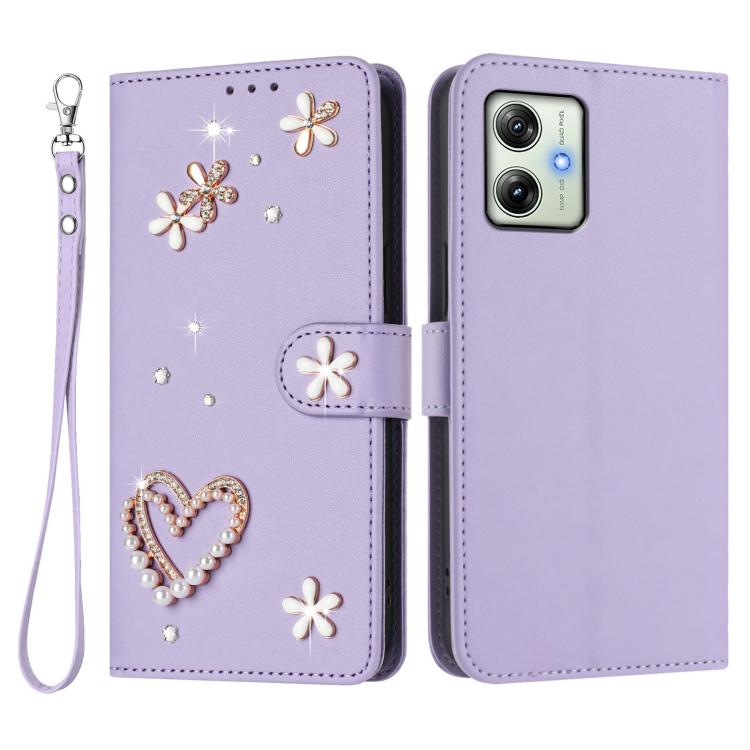 For Motorola Moto G54 Power ZS01 Double-Layer Heart Floral Vegan Leather Phone Case with Wrist Strap