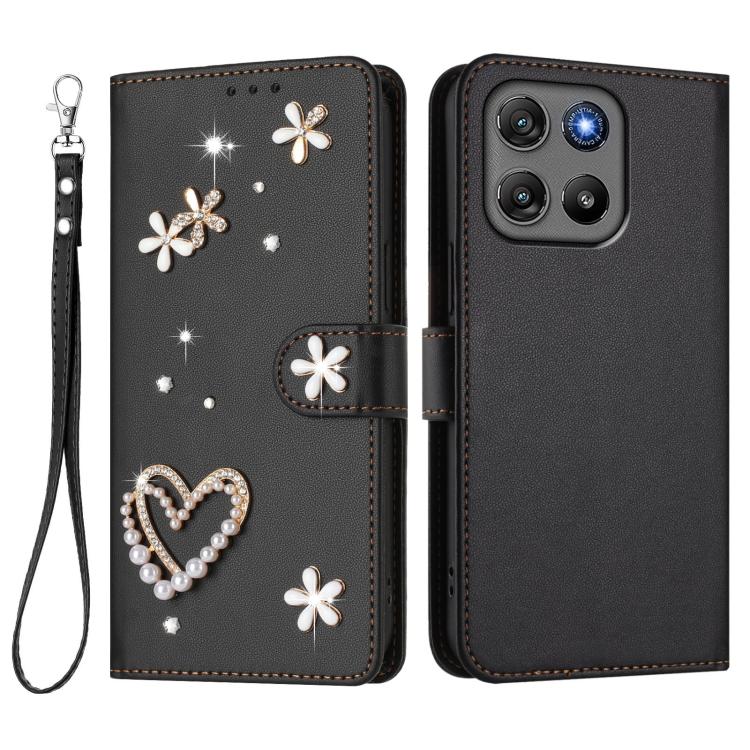 For Motorola Moto G67 Power 5G Global ZS01 Double-Layer Heart Floral Vegan Leather Phone Case with Wrist Strap