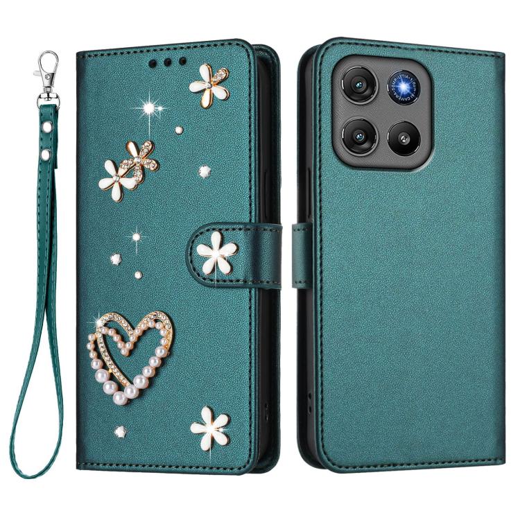 For Motorola Moto G67 Power 5G Global ZS01 Double-Layer Heart Floral Vegan Leather Phone Case with Wrist Strap