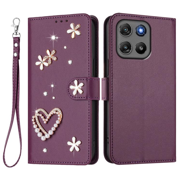 For Motorola Moto G67 Power 5G Global ZS01 Double-Layer Heart Floral Vegan Leather Phone Case with Wrist Strap