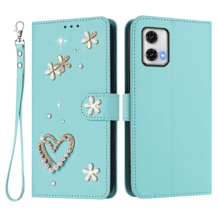 For Motorola Moto G73 ZS01 Double-Layer Heart Floral Vegan Leather Phone Case with Wrist Strap