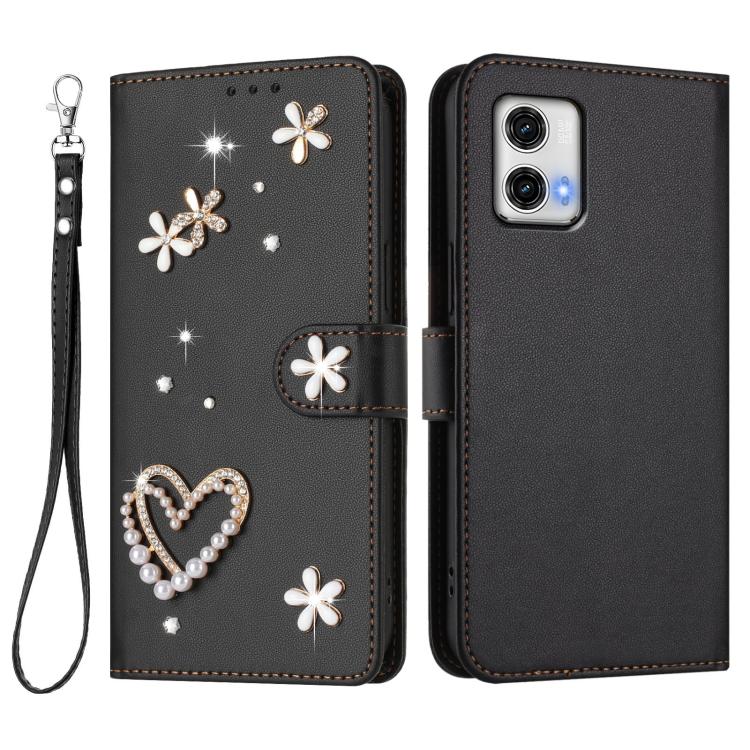For Motorola Moto G73 ZS01 Double-Layer Heart Floral Vegan Leather Phone Case with Wrist Strap