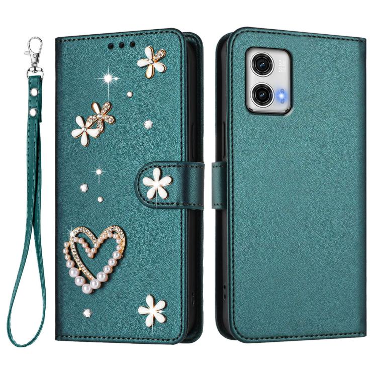 For Motorola Moto G73 ZS01 Double-Layer Heart Floral Vegan Leather Phone Case with Wrist Strap