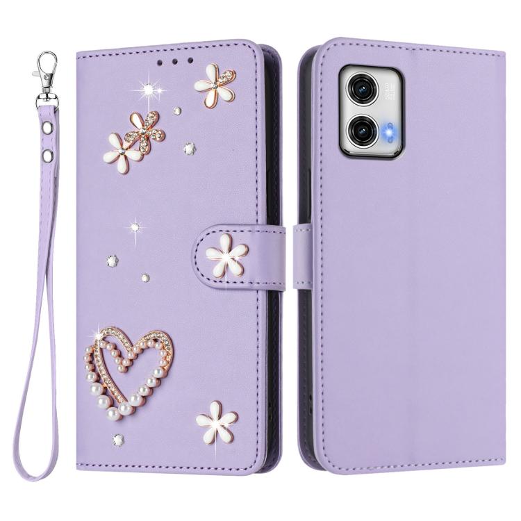For Motorola Moto G73 ZS01 Double-Layer Heart Floral Vegan Leather Phone Case with Wrist Strap