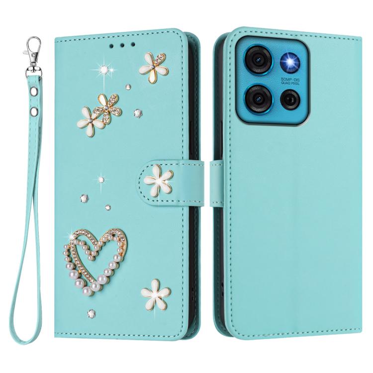 For Motorola Moto G75 5G ZS01 Double-Layer Heart Floral Vegan Leather Phone Case with Wrist Strap