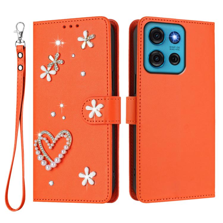 For Motorola Moto G75 5G ZS01 Double-Layer Heart Floral Vegan Leather Phone Case with Wrist Strap
