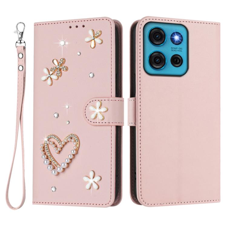For Motorola Moto G75 5G ZS01 Double-Layer Heart Floral Vegan Leather Phone Case with Wrist Strap