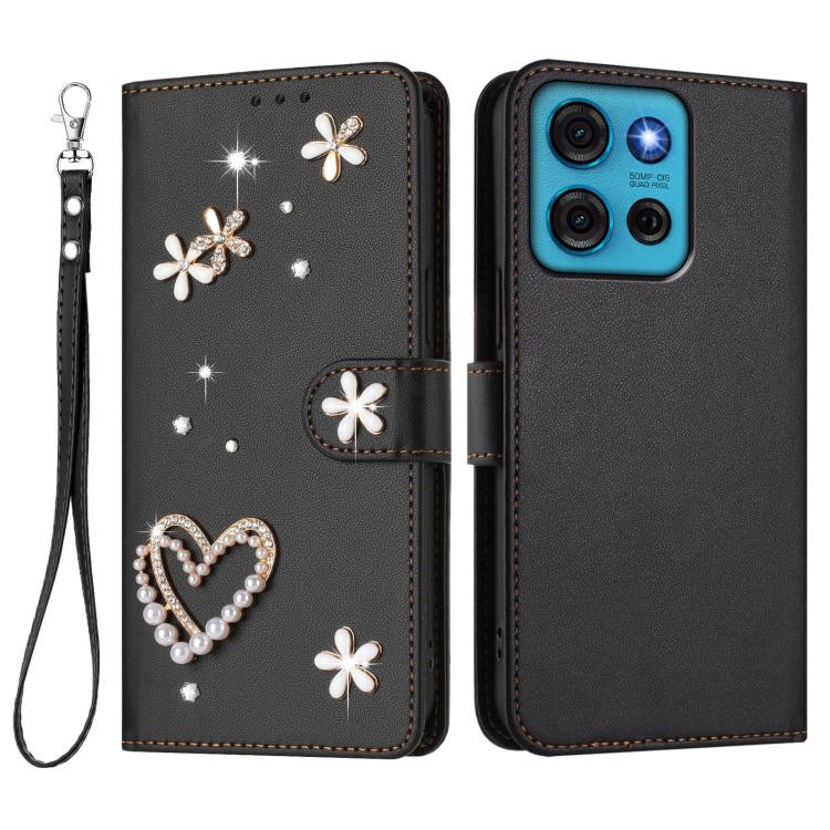 For Motorola Moto G75 5G ZS01 Double-Layer Heart Floral Vegan Leather Phone Case with Wrist Strap