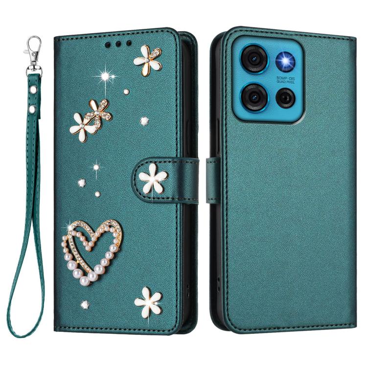 For Motorola Moto G75 5G ZS01 Double-Layer Heart Floral Vegan Leather Phone Case with Wrist Strap