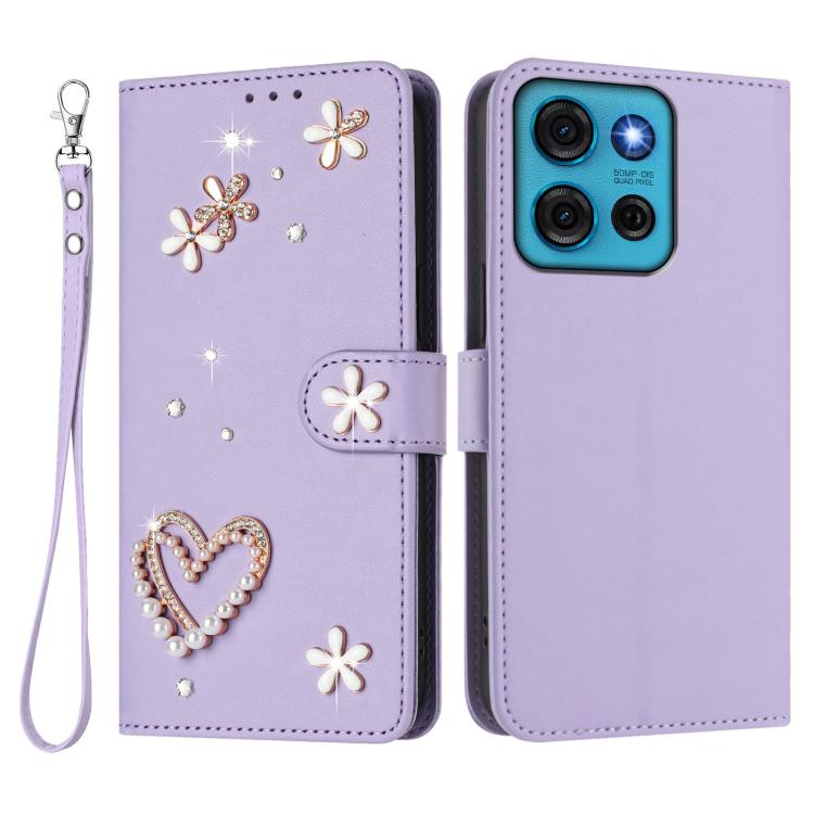 For Motorola Moto G75 5G ZS01 Double-Layer Heart Floral Vegan Leather Phone Case with Wrist Strap