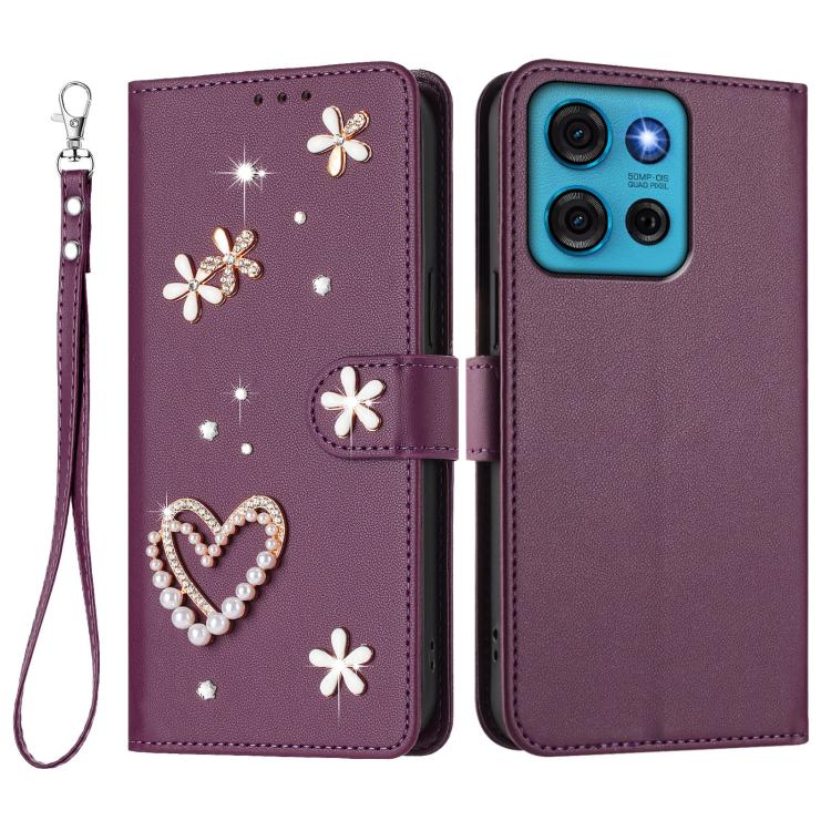 For Motorola Moto G75 5G ZS01 Double-Layer Heart Floral Vegan Leather Phone Case with Wrist Strap
