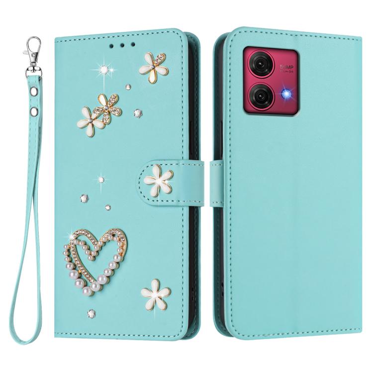 For Motorola Moto G84 ZS01 Double-Layer Heart Floral Vegan Leather Phone Case with Wrist Strap