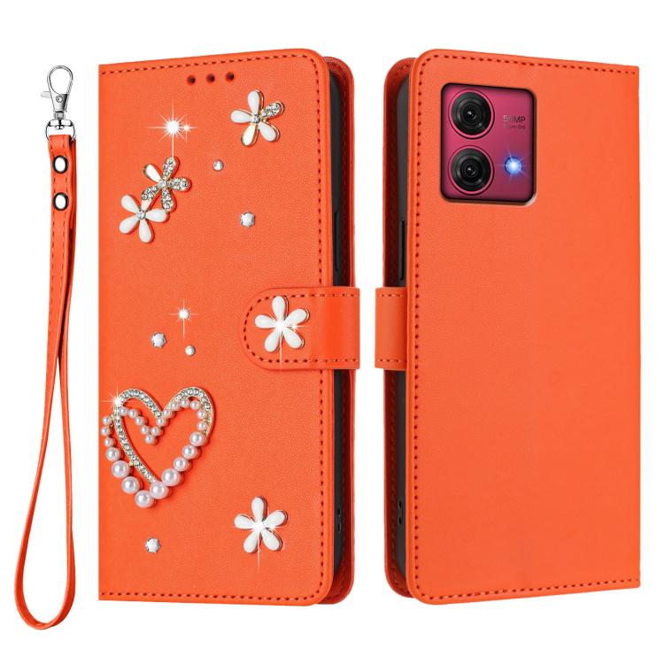 For Motorola Moto G84 ZS01 Double-Layer Heart Floral Vegan Leather Phone Case with Wrist Strap