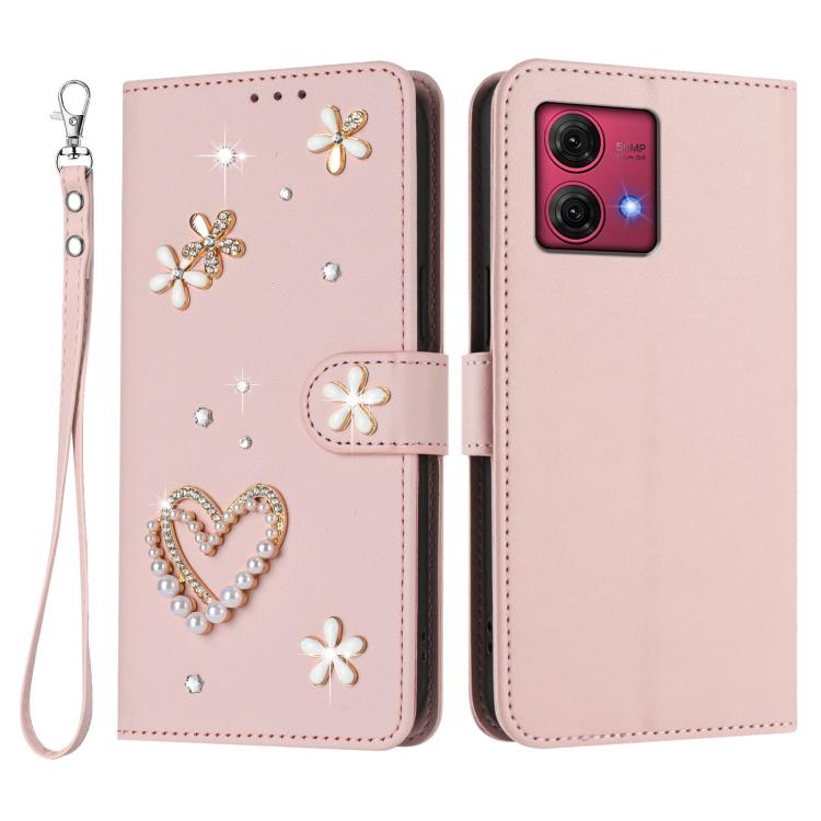 For Motorola Moto G84 ZS01 Double-Layer Heart Floral Vegan Leather Phone Case with Wrist Strap