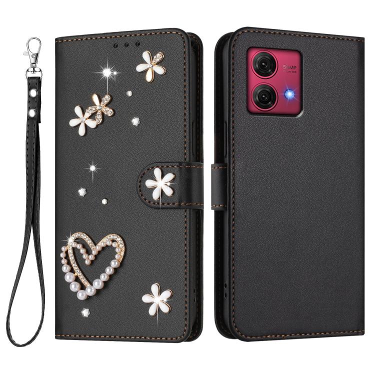 For Motorola Moto G84 ZS01 Double-Layer Heart Floral Vegan Leather Phone Case with Wrist Strap