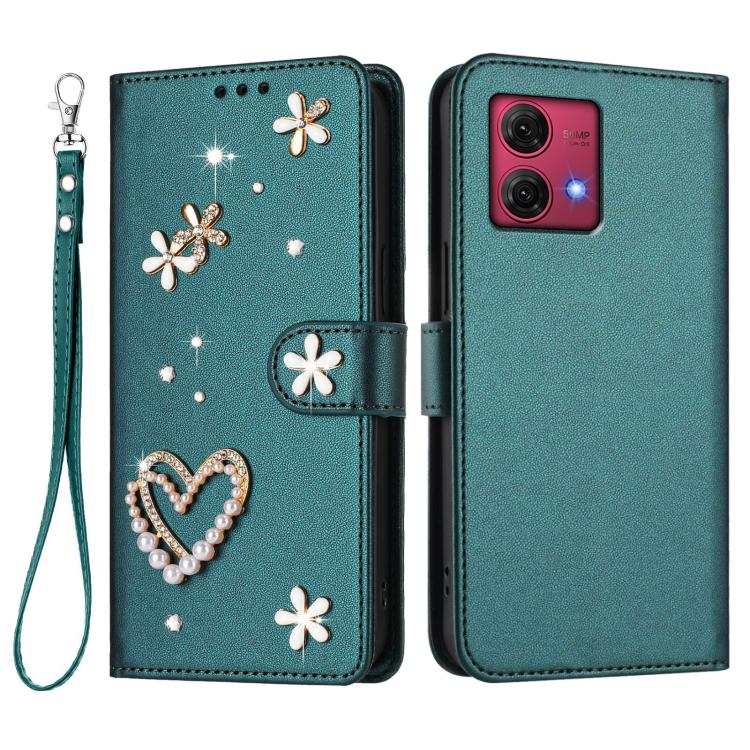 For Motorola Moto G84 ZS01 Double-Layer Heart Floral Vegan Leather Phone Case with Wrist Strap