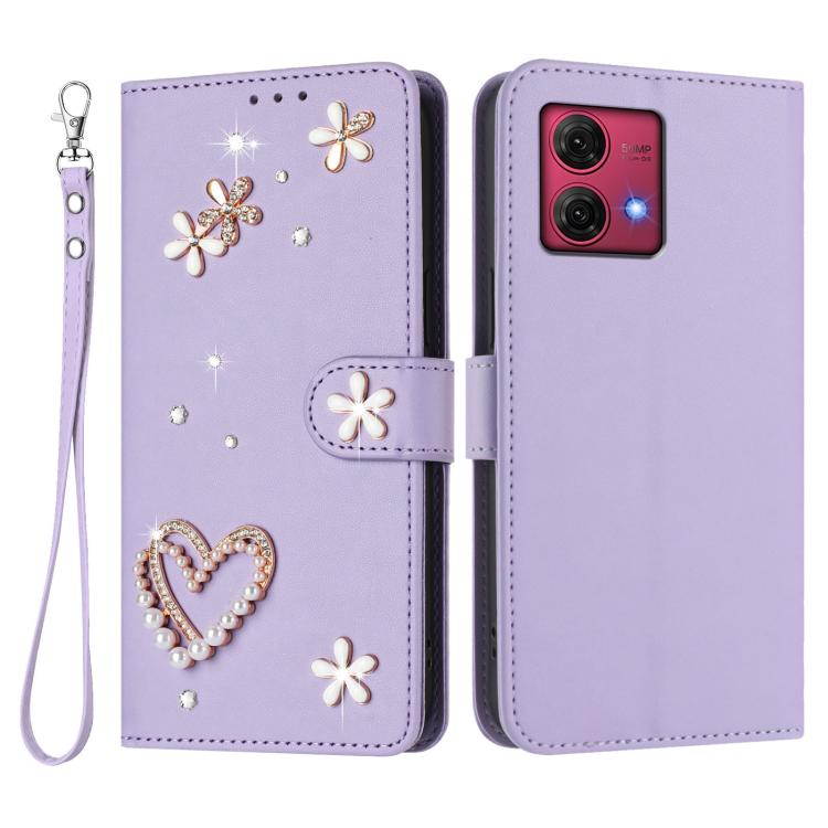 For Motorola Moto G84 ZS01 Double-Layer Heart Floral Vegan Leather Phone Case with Wrist Strap
