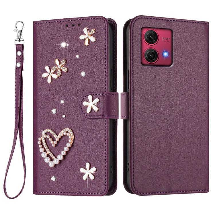 For Motorola Moto G84 ZS01 Double-Layer Heart Floral Vegan Leather Phone Case with Wrist Strap