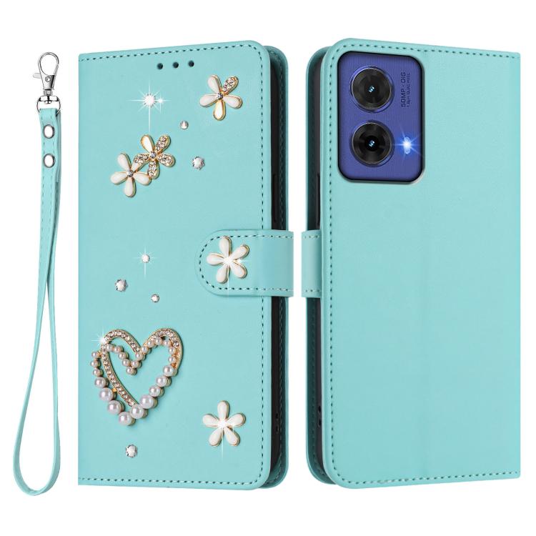 For Motorola Moto G85 ZS01 Double-Layer Heart Floral Vegan Leather Phone Case with Wrist Strap