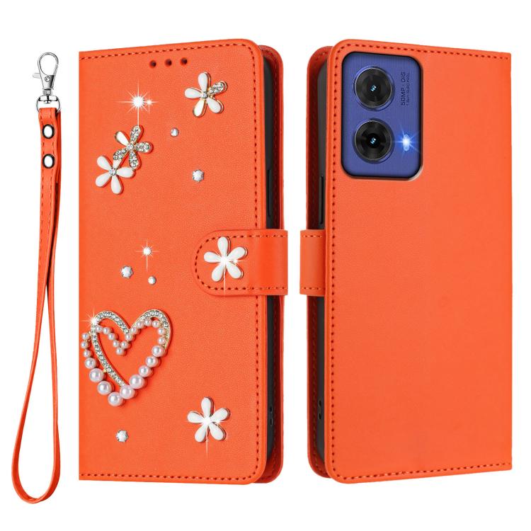For Motorola Moto G85 ZS01 Double-Layer Heart Floral Vegan Leather Phone Case with Wrist Strap