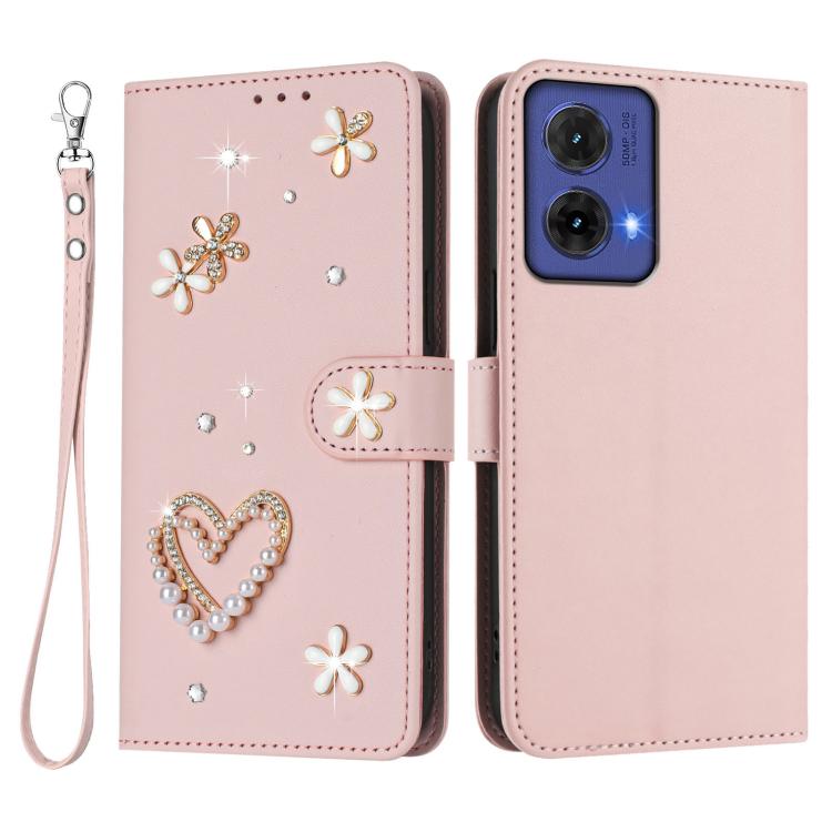 For Motorola Moto G85 ZS01 Double-Layer Heart Floral Vegan Leather Phone Case with Wrist Strap