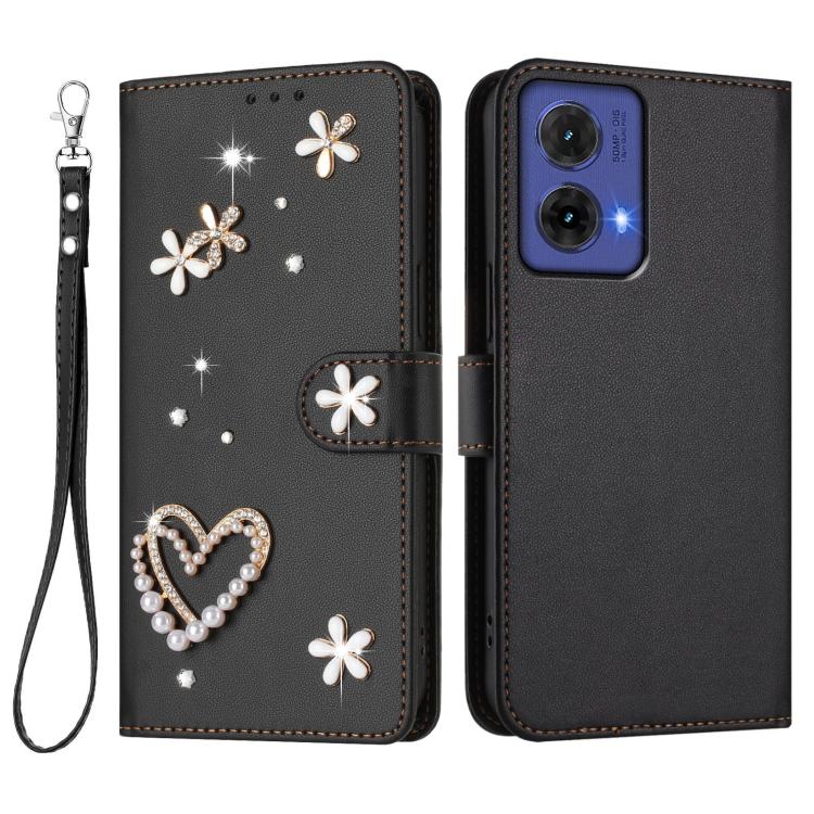 For Motorola Moto G85 ZS01 Double-Layer Heart Floral Vegan Leather Phone Case with Wrist Strap