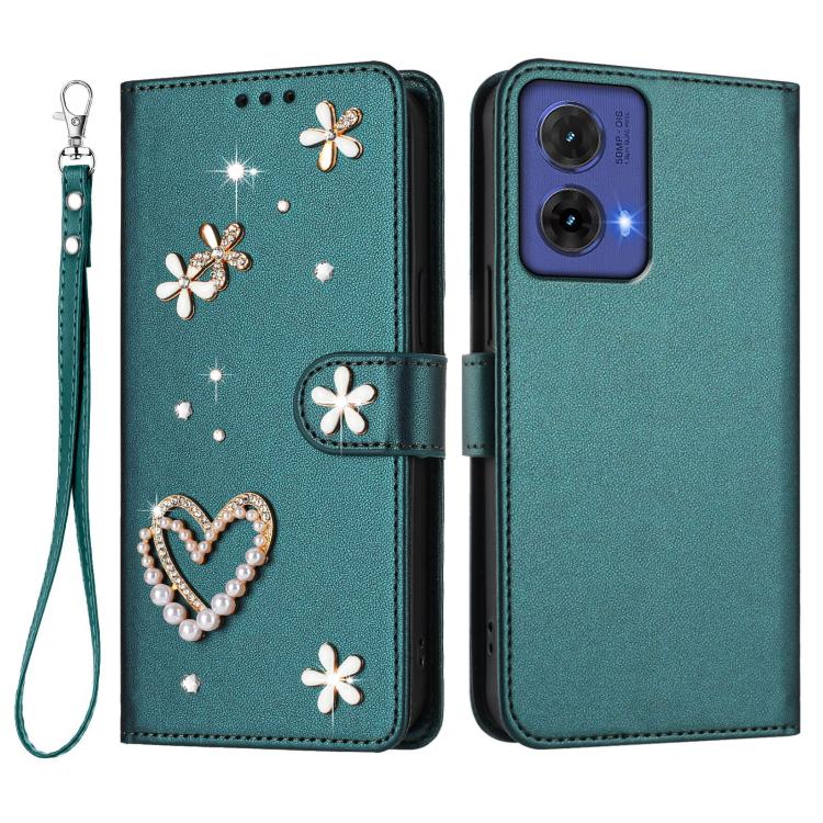 For Motorola Moto G85 ZS01 Double-Layer Heart Floral Vegan Leather Phone Case with Wrist Strap
