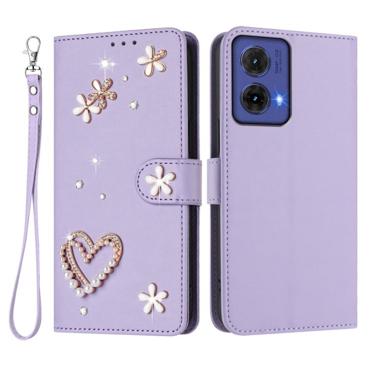 For Motorola Moto G85 ZS01 Double-Layer Heart Floral Vegan Leather Phone Case with Wrist Strap
