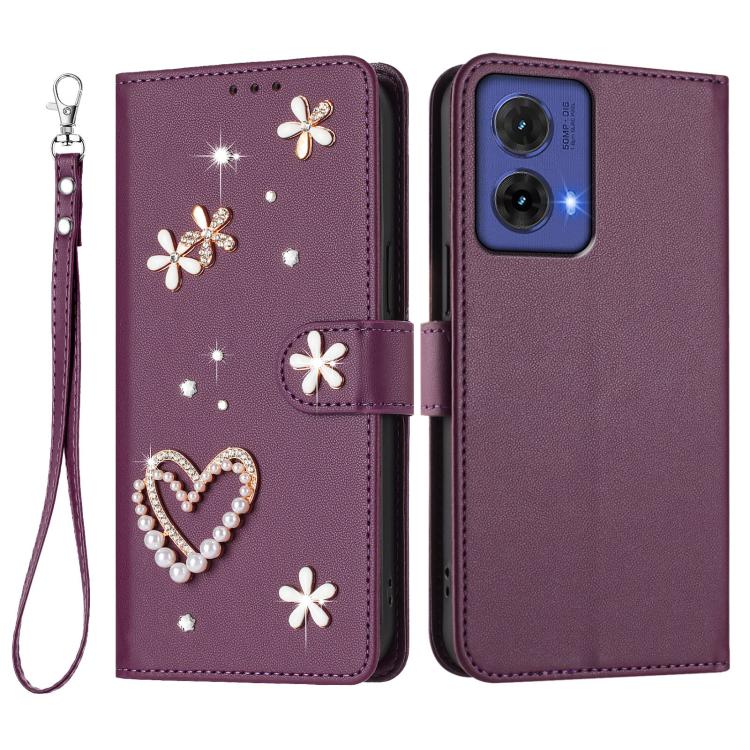 For Motorola Moto G85 ZS01 Double-Layer Heart Floral Vegan Leather Phone Case with Wrist Strap