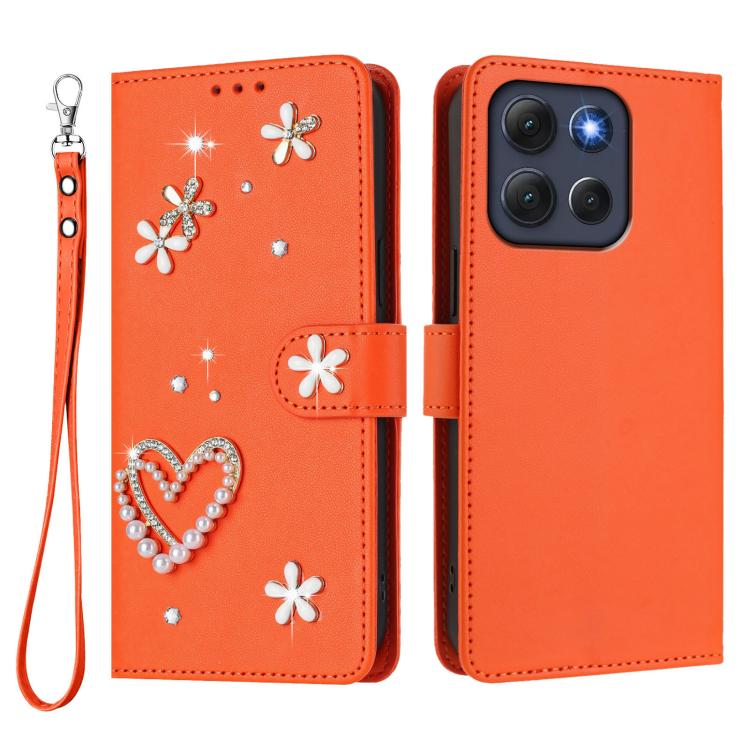 For Motorola Moto G86 5G ZS01 Double-Layer Heart Floral Vegan Leather Phone Case with Wrist Strap