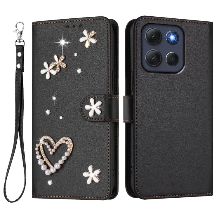 For Motorola Moto G86 5G ZS01 Double-Layer Heart Floral Vegan Leather Phone Case with Wrist Strap