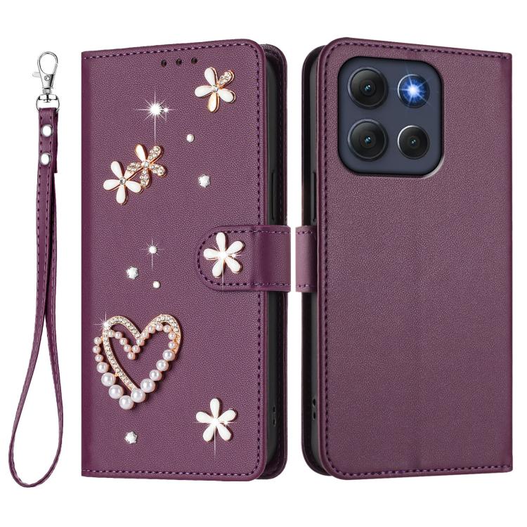 For Motorola Moto G86 5G ZS01 Double-Layer Heart Floral Vegan Leather Phone Case with Wrist Strap