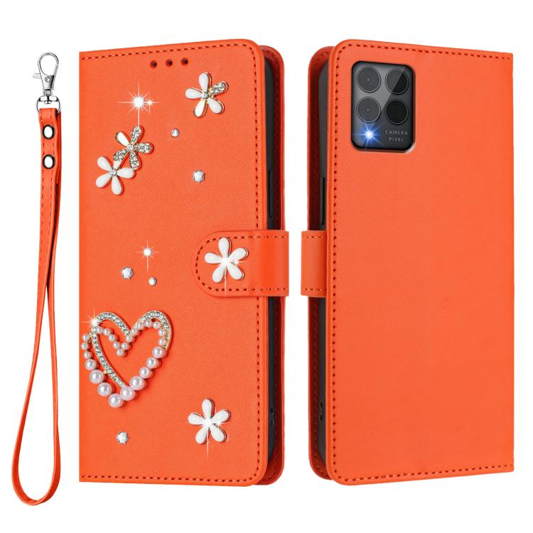 For T-Mobile Revvl 6 Pro 5G / 6x Pro 5G ZS01 Double-Layer Heart Floral Vegan Leather Phone Case with Wrist Strap